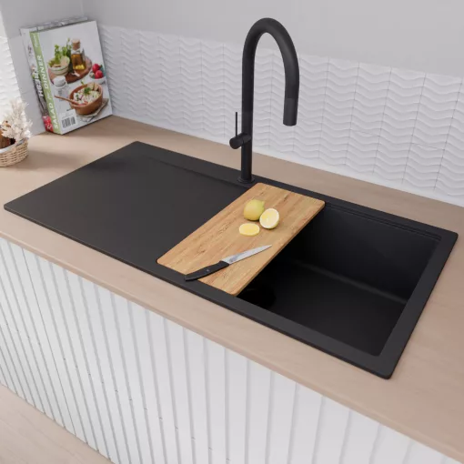 HD Onyx Black 100 egymedencés gránit mosogatótálca szett, csepegtetőtálcával, vágódeszkával, matt fekete csepegtetőkosárral, matt fekete színben, matt fekete leeresztő szifonnal