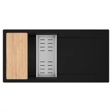 HD Onyx Black 100 egymedencés gránit mosogatótálca szett, csepegtetőtálcával, vágódeszkával, acél csepegtetőkosárral, matt fekete színben, matt fekete leeresztő szifonnal