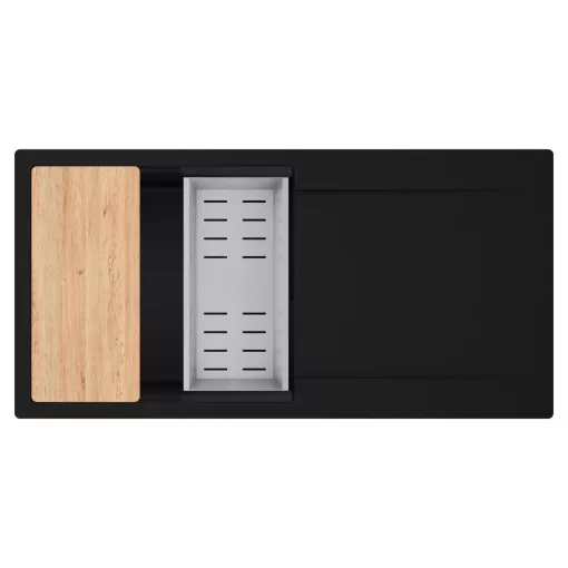 HD Onyx Black 100 egymedencés gránit mosogatótálca szett, csepegtetőtálcával, vágódeszkával, acél csepegtetőkosárral, matt fekete színben, matt fekete leeresztő szifonnal