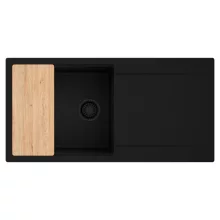 HD Onyx Black 100 egymedencés gránit mosogatótálca, vágódeszkával, matt fekete színben, matt fekete leeresztő szifonnal