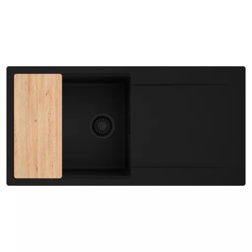 HD Onyx Black 100 egymedencés gránit mosogatótálca, vágódeszkával, matt fekete színben, matt fekete leeresztő szifonnal