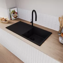 HD Onyx Black 100 egymedencés gránit mosogatótálca, vágódeszkával, matt fekete színben, matt fekete leeresztő szifonnal