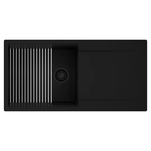 HD Onyx Black 100 egymedencés mosogatótálca szett, acél csepegtetőráccsal, csepegtetőtálcával, matt fekete színben, matt fekete leeresztő szifonnal