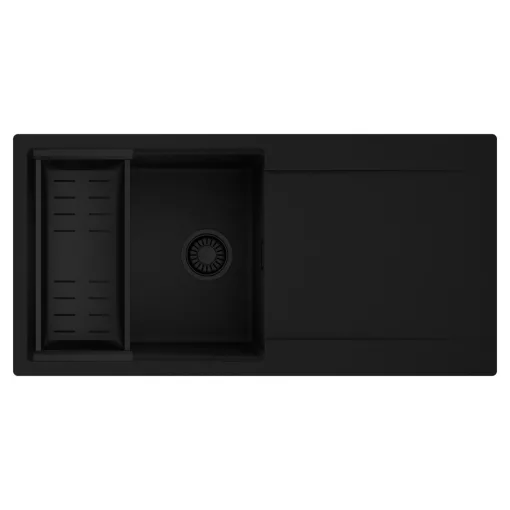 HD Onyx Black 100 egymedencés mosogatótálca szett, matt fekete csepegtetőkosárral, csepegtetőtálcával, matt fekete színben, matt fekete leeresztő szifonnal