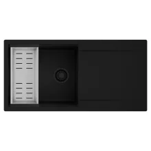 HD Onyx Black 100 egymedencés mosogatótálca szett, acél csepegtetőkosárral, csepegtetőtálcával, matt fekete színben, matt fekete leeresztő szifonnal