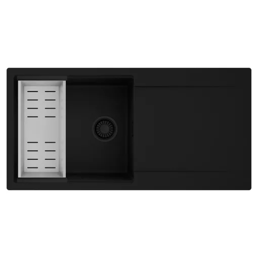 HD Onyx Black 100 egymedencés mosogatótálca szett, acél csepegtetőkosárral, csepegtetőtálcával, matt fekete színben, matt fekete leeresztő szifonnal