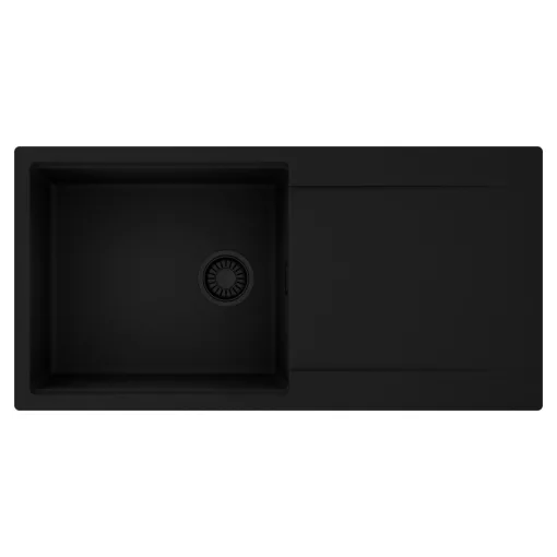 HD Onyx Black 100 egymedencés mosogatótálca, csepegtetőtálcával, matt fekete színben, matt fekete leeresztő szifonnal