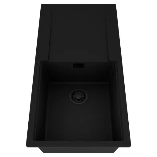 HD Onyx Black 100 egymedencés mosogatótálca, csepegtetőtálcával, matt fekete színben, matt fekete leeresztő szifonnal