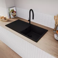 HD Onyx Black 100 egymedencés mosogatótálca, csepegtetőtálcával, matt fekete színben, matt fekete leeresztő szifonnal