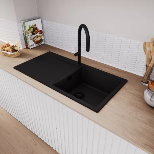 HD Onyx Black 100 egymedencés mosogatótálca, csepegtetőtálcával, matt fekete színben, matt fekete leeresztő szifonnal