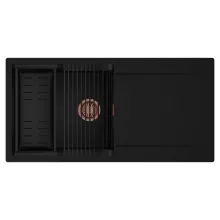 HD Onyx Black 100 egymedencés mosogatótálca szett, matt fekete csepegtetőráccsal és kosárral, csepegtetőtálcával, matt fekete színben, szálcsiszolt réz leeresztő szifonnal