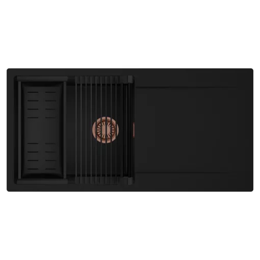 HD Onyx Black 100 egymedencés mosogatótálca szett, matt fekete csepegtetőráccsal és kosárral, csepegtetőtálcával, matt fekete színben, szálcsiszolt réz leeresztő szifonnal