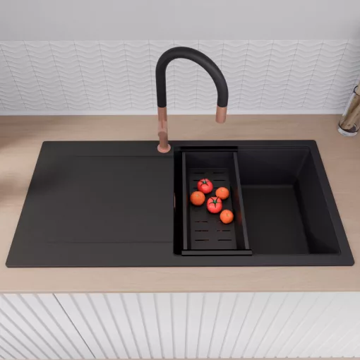 HD Onyx Black 100 egymedencés mosogatótálca szett, matt fekete csepegtetőráccsal és kosárral, csepegtetőtálcával, matt fekete színben, szálcsiszolt réz leeresztő szifonnal