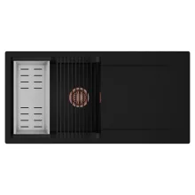 HD Onyx Black 100 egymedencés mosogatótálca szett, matt fekete csepegtetőráccsal és krómozott kosárral, csepegtetőtálcával, matt fekete színben, szálcsiszolt réz leeresztő szifonnal