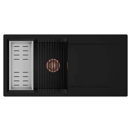 HD Onyx Black 100 egymedencés mosogatótálca szett, matt fekete csepegtetőráccsal és krómozott kosárral, csepegtetőtálcával, matt fekete színben, szálcsiszolt réz leeresztő szifonnal