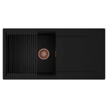 HD Onyx Black 100 egymedencés mosogatótálca szett, matt fekete csepegtetőráccsal, csepegtetőtálcával, matt fekete színben, szálcsiszolt réz leeresztő szifonnal