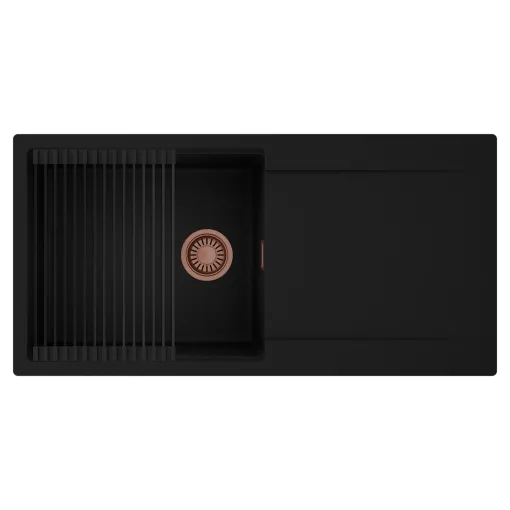 HD Onyx Black 100 egymedencés mosogatótálca szett, matt fekete csepegtetőráccsal, csepegtetőtálcával, matt fekete színben, szálcsiszolt réz leeresztő szifonnal