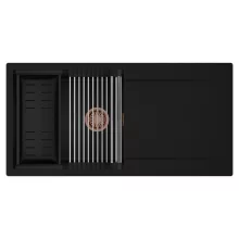 HD Onyx Black 100 egymedencés mosogatótálca szett, acél csepegtetőráccsal és matt fekete kosárral, csepegtetőtálcával, matt fekete színben, szálcsiszolt réz leeresztő szifonnal