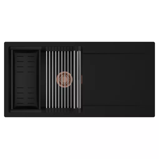 HD Onyx Black 100 egymedencés mosogatótálca szett, acél csepegtetőráccsal és matt fekete kosárral, csepegtetőtálcával, matt fekete színben, szálcsiszolt réz leeresztő szifonnal