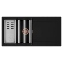 HD Onyx Black 100 egymedencés mosogatótálca szett, acél csepegtetőráccsal és kosárral, csepegtetőtálcával, matt fekete színben, szálcsiszolt réz leeresztő szifonnal