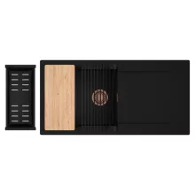 HD Onyx Black 100 egymedencés gránit mosogatótálca szett, csepegtetőtálcával, vágódeszkával, matt fekete csepegtetőráccsal és kosárral, matt fekete színben, szálcsiszolt réz leeresztő szifonnal