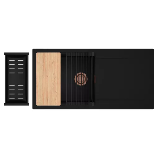 HD Onyx Black 100 egymedencés gránit mosogatótálca szett, csepegtetőtálcával, vágódeszkával, matt fekete csepegtetőráccsal és kosárral, matt fekete színben, szálcsiszolt réz leeresztő szifonnal