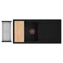 HD Onyx Black 100 egymedencés gránit mosogatótálca szett, csepegtetőtálcával, vágódeszkával, matt fekete csepegtetőráccsal és krómozott kosárral, matt fekete színben, szálcsiszolt réz leeresztő szifonnal