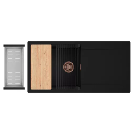 HD Onyx Black 100 egymedencés gránit mosogatótálca szett, csepegtetőtálcával, vágódeszkával, matt fekete csepegtetőráccsal és krómozott kosárral, matt fekete színben, szálcsiszolt réz leeresztő szifonnal