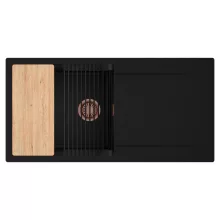 HD Onyx Black 100 egymedencés gránit mosogatótálca szett, csepegtetőtálcával, vágódeszkával, matt fekete csepegtetőráccsal, matt fekete színben, szálcsiszolt réz leeresztő szifonnal