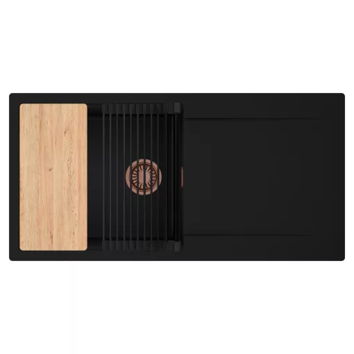 HD Onyx Black 100 egymedencés gránit mosogatótálca szett, csepegtetőtálcával, vágódeszkával, matt fekete csepegtetőráccsal, matt fekete színben, szálcsiszolt réz leeresztő szifonnal