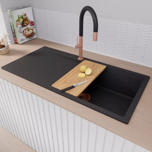 HD Onyx Black 100 egymedencés gránit mosogatótálca szett, csepegtetőtálcával, vágódeszkával, matt fekete csepegtetőráccsal, matt fekete színben, szálcsiszolt réz leeresztő szifonnal