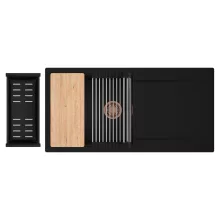 HD Onyx Black 100 egymedencés gránit mosogatótálca szett, csepegtetőtálcával, vágódeszkával, acél csepegtetőráccsal és matt fekete kosárral, matt fekete színben, szálcsiszolt réz leeresztő szifonnal