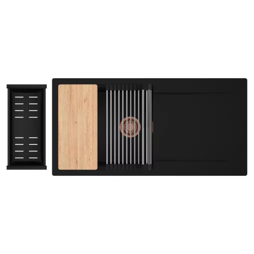 HD Onyx Black 100 egymedencés gránit mosogatótálca szett, csepegtetőtálcával, vágódeszkával, acél csepegtetőráccsal és matt fekete kosárral, matt fekete színben, szálcsiszolt réz leeresztő szifonnal