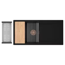 HD Onyx Black 100 egymedencés gránit mosogatótálca szett, csepegtetőtálcával, vágódeszkával, acél csepegtetőráccsal és kosárral, matt fekete színben, szálcsiszolt réz leeresztő szifonnal