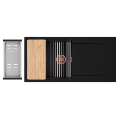 HD Onyx Black 100 egymedencés gránit mosogatótálca szett, csepegtetőtálcával, vágódeszkával, acél csepegtetőráccsal és kosárral, matt fekete színben, szálcsiszolt réz leeresztő szifonnal