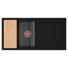 HD Onyx Black 100 egymedencés gránit mosogatótálca szett, csepegtetőtálcával, vágódeszkával, acél csepegtetőráccsal, matt fekete színben, szálcsiszolt réz leeresztő szifonnal