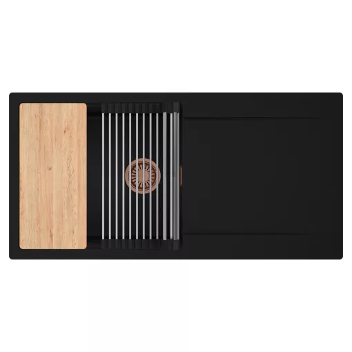 HD Onyx Black 100 egymedencés gránit mosogatótálca szett, csepegtetőtálcával, vágódeszkával, acél csepegtetőráccsal, matt fekete színben, szálcsiszolt réz leeresztő szifonnal