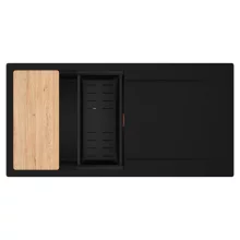 HD Onyx Black 100 egymedencés gránit mosogatótálca szett, csepegtetőtálcával, vágódeszkával, matt fekete csepegtetőkosárral, matt fekete színben, szálcsiszolt réz leeresztő szifonnal