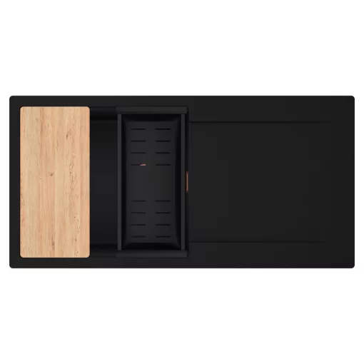 HD Onyx Black 100 egymedencés gránit mosogatótálca szett, csepegtetőtálcával, vágódeszkával, matt fekete csepegtetőkosárral, matt fekete színben, szálcsiszolt réz leeresztő szifonnal