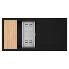 HD Onyx Black 100 egymedencés gránit mosogatótálca szett, csepegtetőtálcával, vágódeszkával, acél csepegtetőkosárral, matt fekete színben, szálcsiszolt réz leeresztő szifonnal