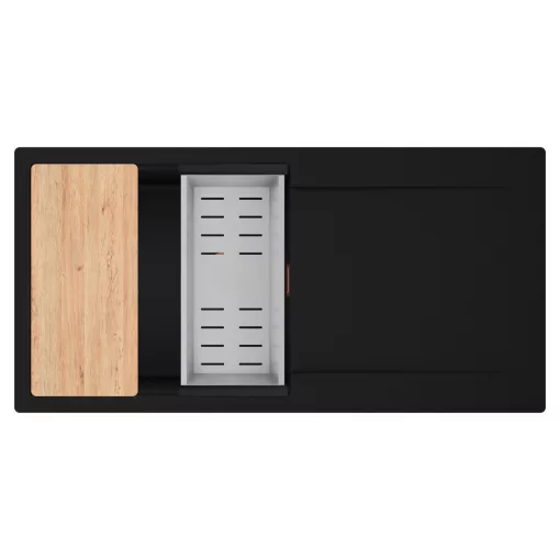 HD Onyx Black 100 egymedencés gránit mosogatótálca szett, csepegtetőtálcával, vágódeszkával, acél csepegtetőkosárral, matt fekete színben, szálcsiszolt réz leeresztő szifonnal