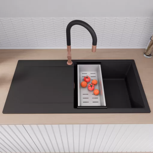 HD Onyx Black 100 egymedencés gránit mosogatótálca szett, csepegtetőtálcával, vágódeszkával, acél csepegtetőkosárral, matt fekete színben, szálcsiszolt réz leeresztő szifonnal