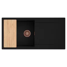 HD Onyx Black 100 egymedencés gránit mosogatótálca, vágódeszkával, matt fekete színben, szálcsiszolt réz leeresztő szifonnal