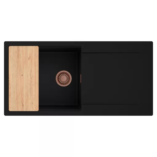 HD Onyx Black 100 egymedencés gránit mosogatótálca, vágódeszkával, matt fekete színben, szálcsiszolt réz leeresztő szifonnal