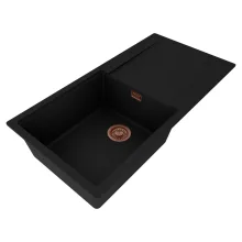 HD Onyx Black 100 egymedencés gránit mosogatótálca, vágódeszkával, matt fekete színben, szálcsiszolt réz leeresztő szifonnal