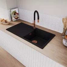 HD Onyx Black 100 egymedencés gránit mosogatótálca, vágódeszkával, matt fekete színben, szálcsiszolt réz leeresztő szifonnal