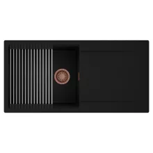 HD Onyx Black 100 egymedencés mosogatótálca szett, acél csepegtetőráccsal, csepegtetőtálcával, matt fekete színben, szálcsiszolt réz leeresztő szifonnal