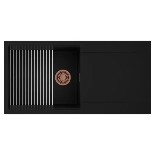 HD Onyx Black 100 egymedencés mosogatótálca szett, acél csepegtetőráccsal, csepegtetőtálcával, matt fekete színben, szálcsiszolt réz leeresztő szifonnal