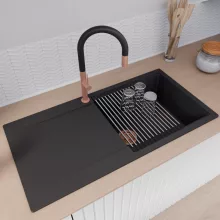 HD Onyx Black 100 egymedencés mosogatótálca szett, acél csepegtetőráccsal, csepegtetőtálcával, matt fekete színben, szálcsiszolt réz leeresztő szifonnal