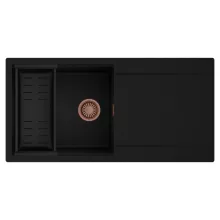 HD Onyx Black 100 egymedencés mosogatótálca szett, matt fekete csepegtetőkosárral, csepegtetőtálcával, matt fekete színben, szálcsiszolt réz leeresztő szifonnal